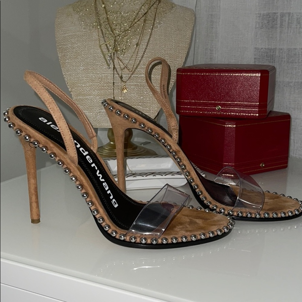 Alexander Wang Clear PVC and Tan Suede Studded Slingback Sandals - Picture 2 of 5